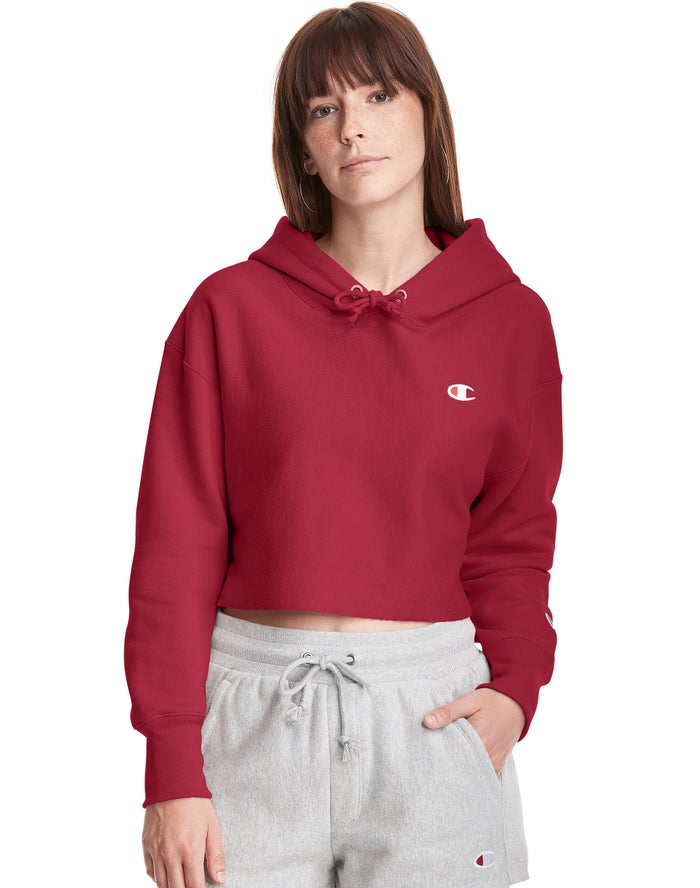 Champion Reverse Weave Cropped Cut-Off C Logo Hoodie Dames - DonkerRood - Belgie 2937FJHOI